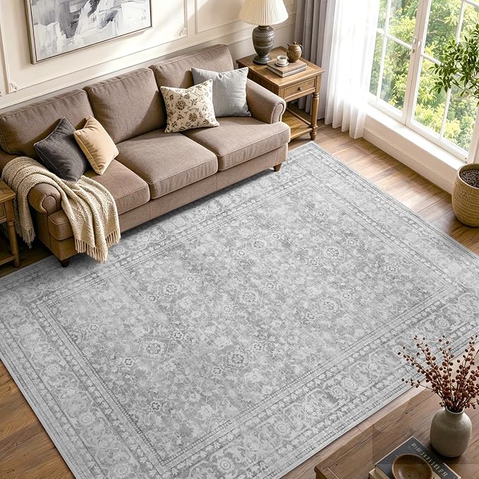 5x7 Ft Area Rugs for Living Room, Soft Non-Slip Machine Washable Rug, Vintage Stain Resistant Carpets for Bedroom Nursery Dining Room Home Decor (Grey)