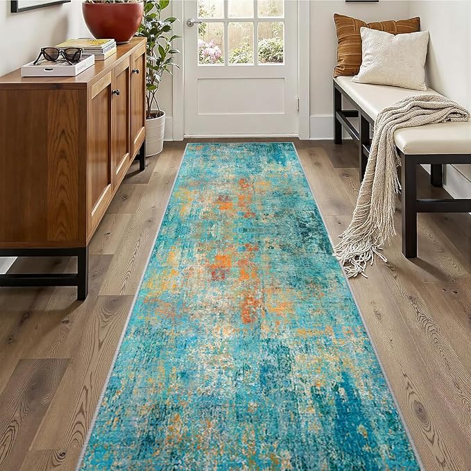 RELEANY Washable Runner 2'x10' Abstract Area Rug for Hallway Teal Multi | Carpet for Kitchen, Entryway, Bathroom, Living Room, Bedroom, Printed Pattern, Non‑Slip, Soft, Stain‑Resistant, Easy to Clean