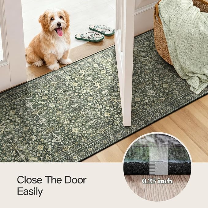 2'6"x14' Area Rugs for Hallways, Green Washable Non-Slip Kitchen Runner Rug | Low Pile Runner Rugs, Soft Carpet for Kitchen Bathroom Bedroom Laundry, Stain Resistant Foldable Vintage Distressed Rug