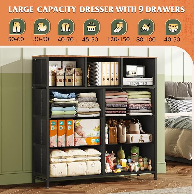 WLIVE Tall Dresser for Bedroom, 9 Drawer Chest of Drawers, Pattern | 9 roomy fabric drawers, Tall storage design, Bedroom or closet use, Sturdy steel frame, Smooth wood tabletop