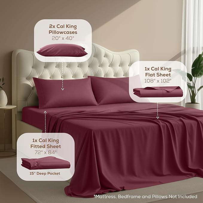 California King Sheets Set, 4 Pieces 16" Deep Pocket Bed Sheets, Burgundy | Extra Soft Bedsheet Set, Comfy & Breathable Cooling Sheets, Wrinkle & Fade Resistant, Fitted Sheet, Flat Sheet, 2 Pillowcases