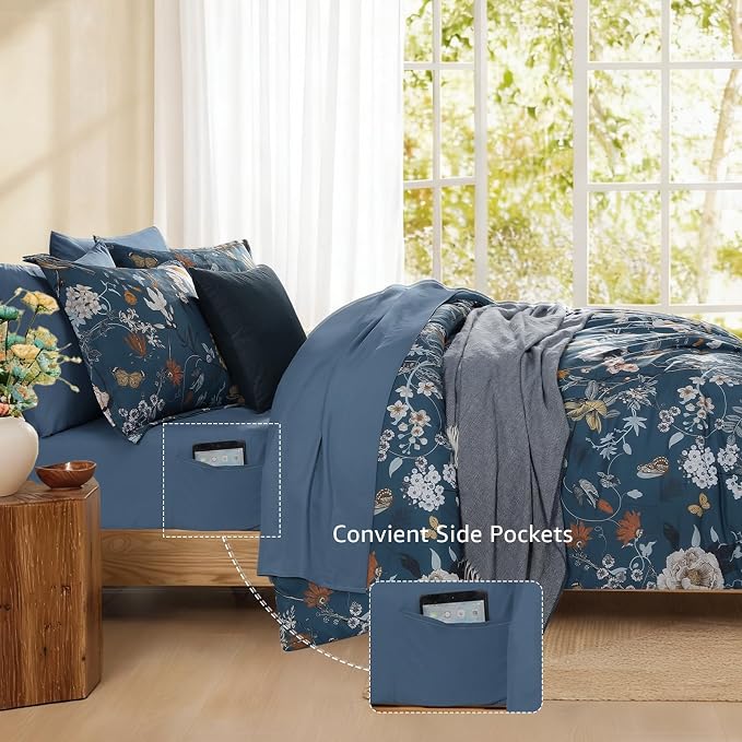 Queen Comforter Set - 7 Pieces Blue Floral Bed in a Bag Queen Bedding Sets | All Season Botanical Texture Flowers Comforter Set with Sheets, Pillowcases & Shams