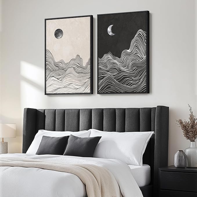 Large Framed Black White Abstract Wall Art for Living Room Set of 2, 24x36 | Mountain moon, Canvas prints, Modern pictures, Black and white gray, Minimalist artwork, Black frame, Bedroom wall decor