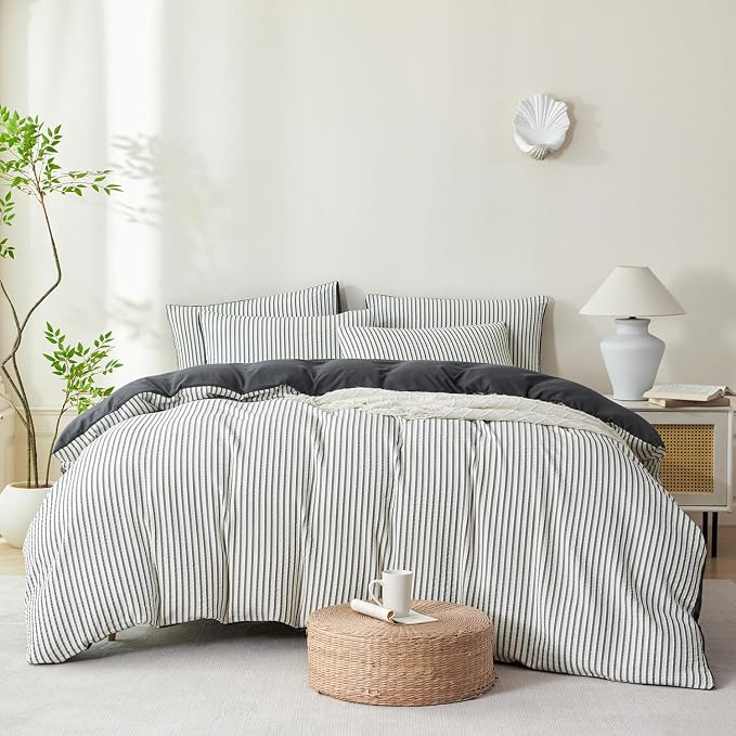 Dark Grey Comforter Set King Soft Luxury Washed Microfiber Jacquard 3 Pieces Bedding, White Grey Vertical Ticking Stripes Pattern Comforter with 2 Pillowcases Breathable Durable Comfy
