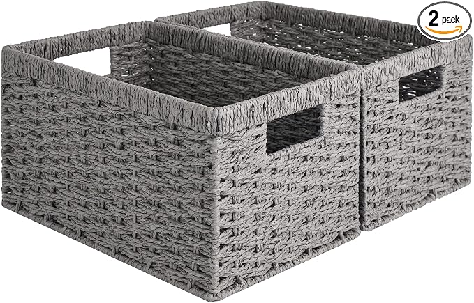 StorageWorks Wicker Storage Baskets, Gray Baskets for Storage, 2-Pack | Paper Rope Wicker Storage Baskets for Shelves, Rectangular Wicker Baskets with Handles, Handwoven Grey Baskets, Woven Baskets