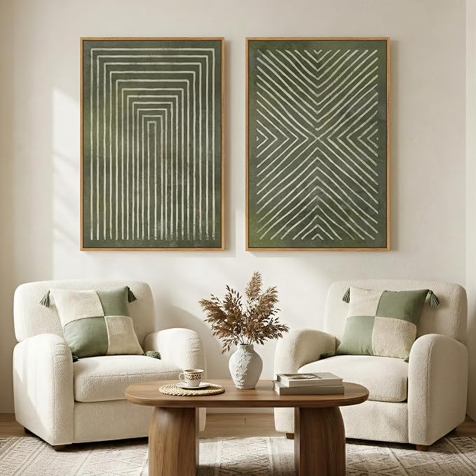 Large Framed Green Abstract Wall Art for Living Room Set of 2, 24x36 In | 2 Piece, Canvas prints, Sage green artwork, Modern minimalist paintings, Geometric pictures, Dining room bedroom wall decor