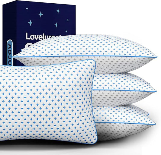 King Size Pillows Set of 4, Cooling Shredded Memory Foam Pillows | Adjustable Loft, Balanced Support, Medium Firm Feel, Side Back Stomach Sleepers, Washable Cover, Airflow Design, Easy Care