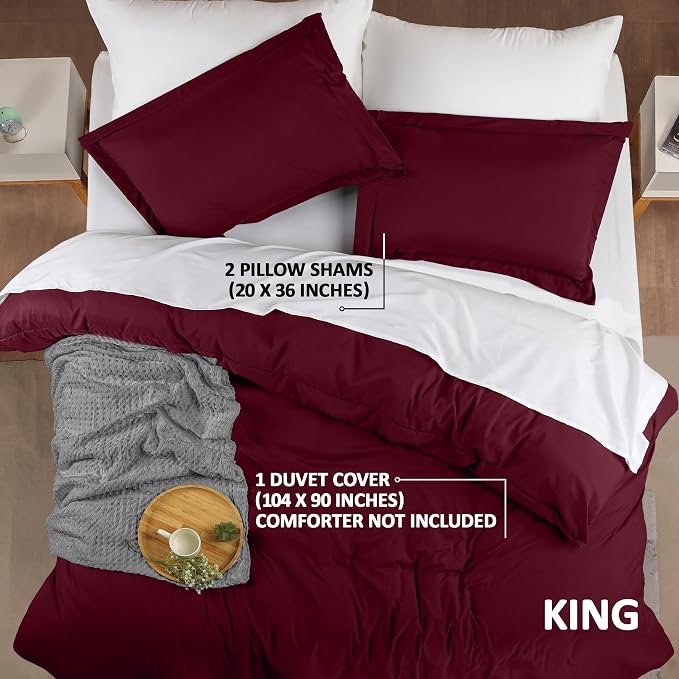 Duvet Cover King, 3 PC Cotton Like Polyester With Zipper Closure, Burgundy | Extra Soft and Breathable, Wrinkle & Fade Resistant, Includes Duvet Cover and 2 Pillow Shams, Comforter Not Included, OekoTex