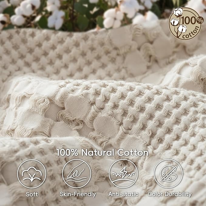 PHF Lightweight 100% Cotton Waffle Blanket for Bed, King, Light Taupe | Pre-Washed Soft Cotton Comfort, Breathable Layering Warmth for Fall & Winter, Bed, Sofa, Couch, Home Decor & Gifts