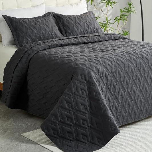 Cmfshape Diamond Embroidery Quilt Set,3 Pieces Queen Quilt Bedding Set,Lightweight Soft Quilt Set for All Seasons,Soft Bedspread Reversible Coverlet(Dark Gray,92"x96")