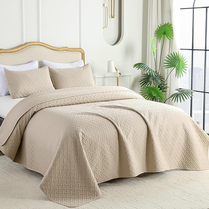 FLYMME Beige Twin Quilt Bedding Set Thin Lightweight Bedspreads,Modern Style Geometric Weave Stripe Pattern,Soft Microfiber Bed Coverlet for All Season (1 Quilt, 1 Sham)