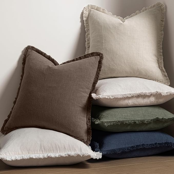 MIULEE Boho Linen Fringe Decorative Fall Pillow Covers Reddish Brown 20x20 | Set of 2, Cottagecore Decor, Boho Farmhouse Neutral Pillow Covers, Rustic Fall Couch Cushion Cases for Sofa Bed Living Room