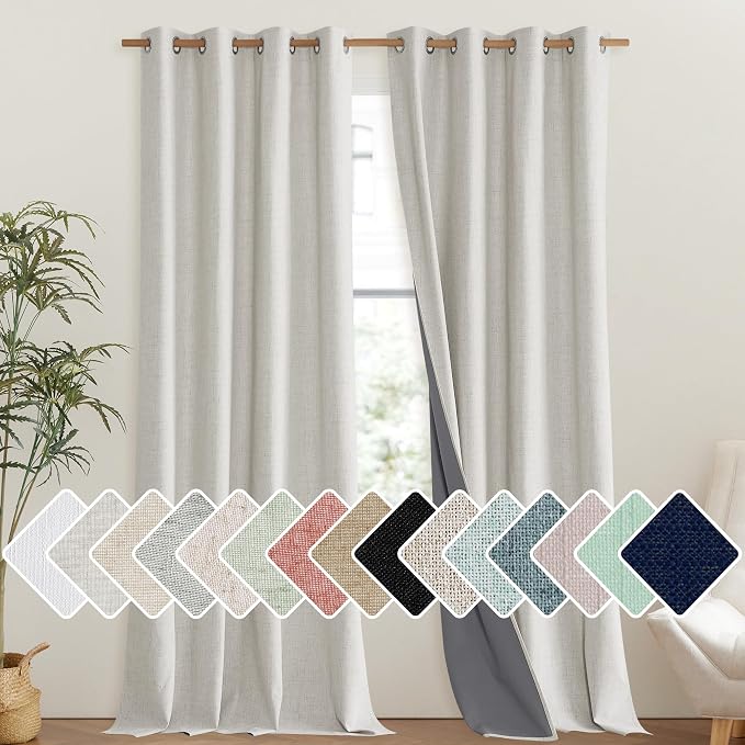 NICETOWN Snowbound Vintage Linen 100% Blackout Curtains for Living Room, Thermal Insulated Curtains 120" Long, Noise Reducing Window Treatment Drapes for Hall Room, 52" Wide Per Panel, Set of 2