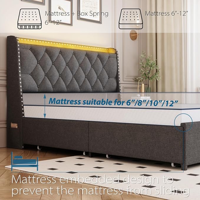 Full Size Bed Frame with 4 Drawers and Storage Headboard, Upholstered Button Linen Platform Full Bed with Led Lights and Handy Charging Station, No Box Spring Needed, Easy Assembly, Noise Free, Gray