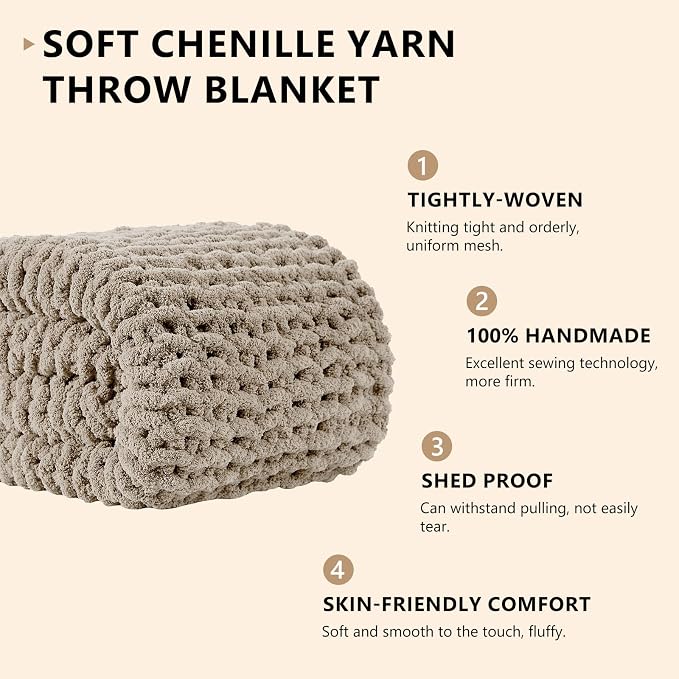 L'AGRATY Chunky Knit Throw Blanket for Couch, 60 x 80 Inches, Light Linen | Handmade Chenille Crochet Blanket for Sofa Bed, Thick Cable Knitted Blankets for Room Home Decor, Birthday Gift for Women Mom