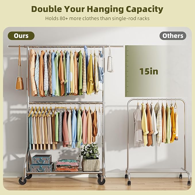 Simple Trending Double Rod Clothing Rack, Heavy Duty Clothes Rack, Chrome | Extendable Garment Rack, Freestanding Portable Closet with Wheels & Shelf, Adjustable Middle Rod, for Bedroom, Laundry