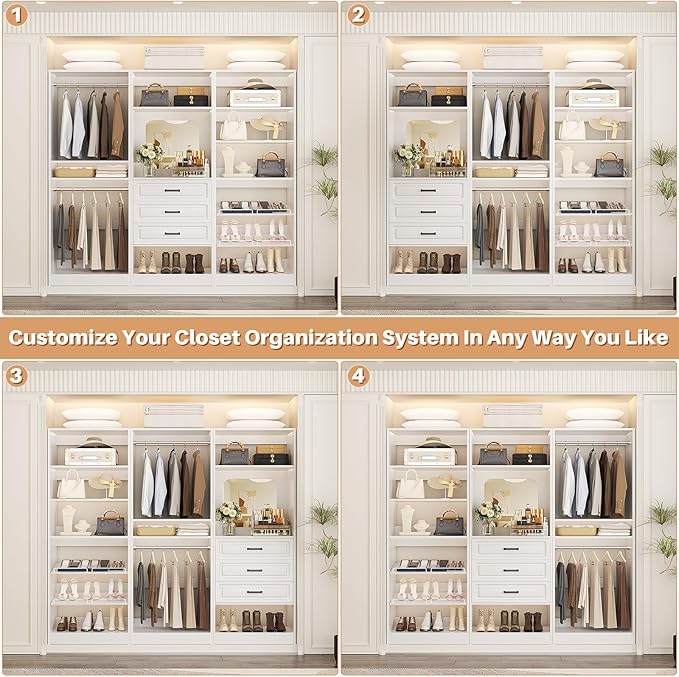 Unikito 75" Modular Closet System with 3 Sets, Mirror & Drawers, White | Hanging Rods & Adjustable Shelves, Freestanding Wood Wardrobe Garment Rack, Walk in Tower Clothes Storage Organizer Unit
