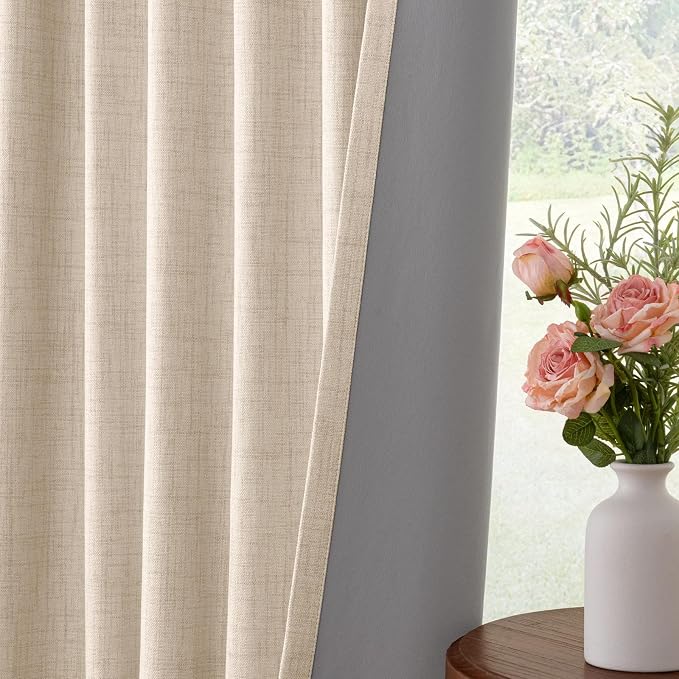 INOVADAY 100% Blackout Linen Curtains for Bedroom 42x90 Inches Oatmeal | Linen Textured, Light Blocking, Room Darkening, Thermal Insulated, Back Tab Top, Window Curtains for Living Room, 4 Panels