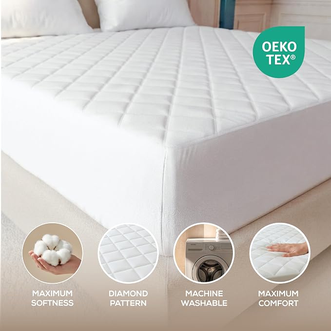 Bulk 10-Pack Queen Hotel Quilted Mattress Pad, 16" Deep, White | For Resorts & Serviced Apartments, Soft Breathable Fitted Mattress Topper, Noiseless Mattress Cover
