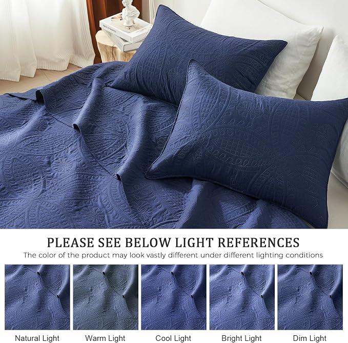 akkialla Queen Quilt Bedding Set,Navy Blue Ultrasonic Full/Queen Quilt Set,Lightweight Soft Bedspread Coverlet,Modern Style Coin Pattern Bed Cover for All Seasons,3 Piece(1 Quilt,2 Pillow Shams)