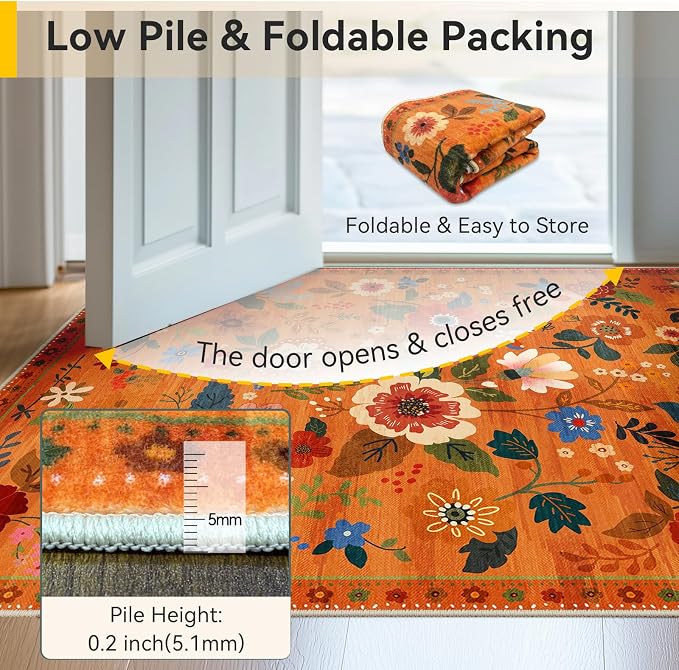 RELEANY Floral Washable 6x9 Area Rugs BurntOrange | Flower Carpet, Print, Boho, Non-Slip, Easy to Clean, Soft, Low Pile for Living Room Bedroom Kitchen Office Entryway Hallway