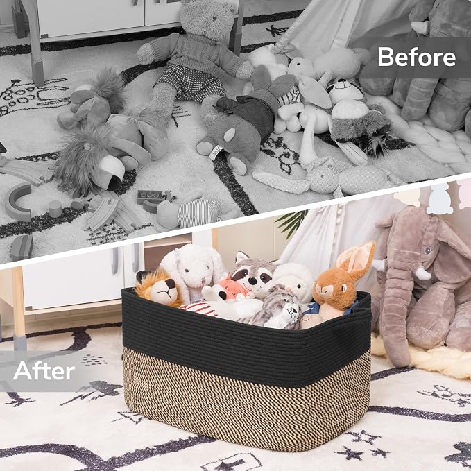 Goodpick 75L Extra Large Woven Blanket Basket, 22" x 17" x 12", Black Jute | Decorative Storage Basket for Blankets, Pillows & Toys, Living Room & Bedroom Organization, Nursery & Home Decor, Rectangle
