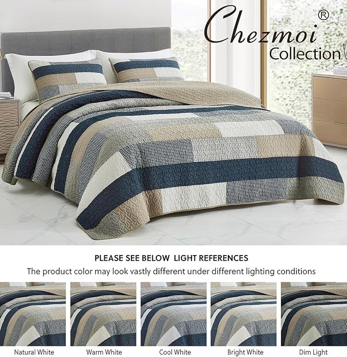 Chezmoi Collection Dylan 3-Piece Navy Blue White Gray Taupe Plaid Rectangular Patchwork Quilt Set - Pre-Washed Cotton Quilted Coverlet - Lightweight Bedspread for All Seasons, King Size