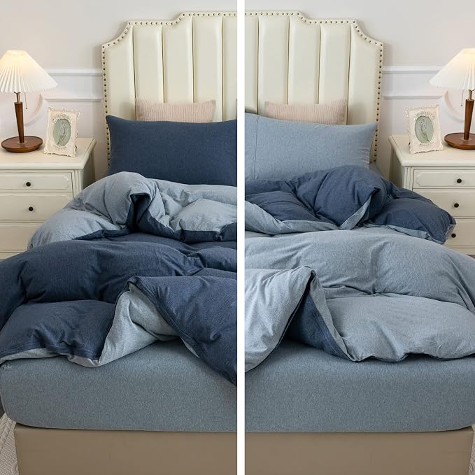PURE ERA Jersey Knit Duvet Cover Set 100% T-Shirt Cotton Super Soft Comfy 3pc Bedding Set with Zipper Closure (Solid Navy/Blueish Grey, King) | 100% Cotton, 3 Piece Set, T Shirt Soft, Breathable, Envelope Closure Pillowcases, Hidden Zipper, 8 Ties, No ...