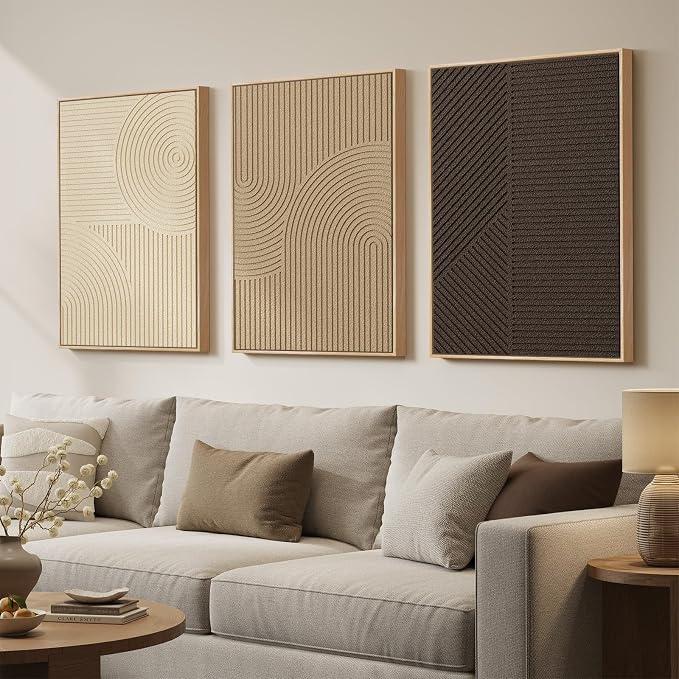 Large 3D Framed Neutral Abstract Wall Art Set of 3, Modern Artwork 20x30 In | Solid Wood Frame, Textured Paintings, Beige Brown Tan Geometric Sculptural, Pictures Wall Decor Living room Bedroom Office