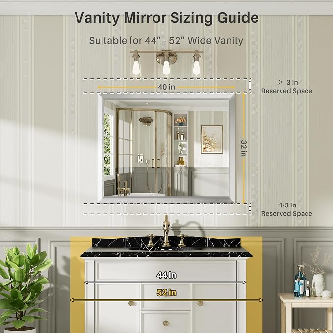 Bathroom Wall Mirror, Silver Brushed Nickel Metal Frame, 40x32 Inch | Anti-rust, HD tempered glass, for bathroom vanity, bedroom, living room, horizontal or vertical mount