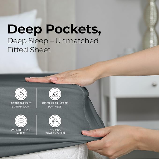 Queen Fitted Sheet, Ultra Soft Fits Up to 16 Inch Deep Pocket, Grey | Hotel Comfort, Cooling & Breathable Cotton like Polyester, Easy Fit, Wrinkle & Fade Resistant, Snug Fit, Easy Care, Oeko-Tex