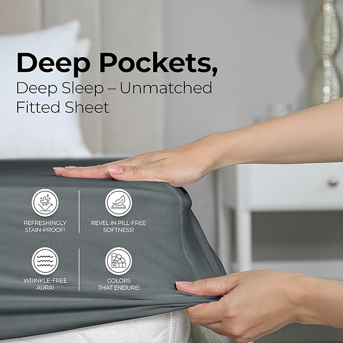 California King Fitted Sheet, Ultra Soft Fits Up to 16" Deep Pocket, Grey | Hotel Comfort, Cooling & Breathable Cotton like Polyester, Easy Fit, Wrinkle & Fade Resistant, Snug Fit, Easy Care, Oeko-Tex