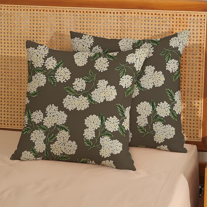 Brown Spring Pillow Covers 16x16 Inch 2 Pcs Green Yellow Hydrangea Flower Decor Throw Pillows Vintage Floral Seasonal Summer Outdoor Decoration Pillowcase Linen Cushion Cover for Couch Sofa