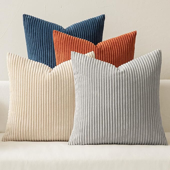 MIULEE Soft Corduroy Decorative Throw Pillow Covers Blue-Yellow 18x18 | Set of 4, Mordern Nordic Coastal Decor, Ocean Ember Set, Boho Farmhouse Cushion Covers for Couch Bed Sofa Living Room
