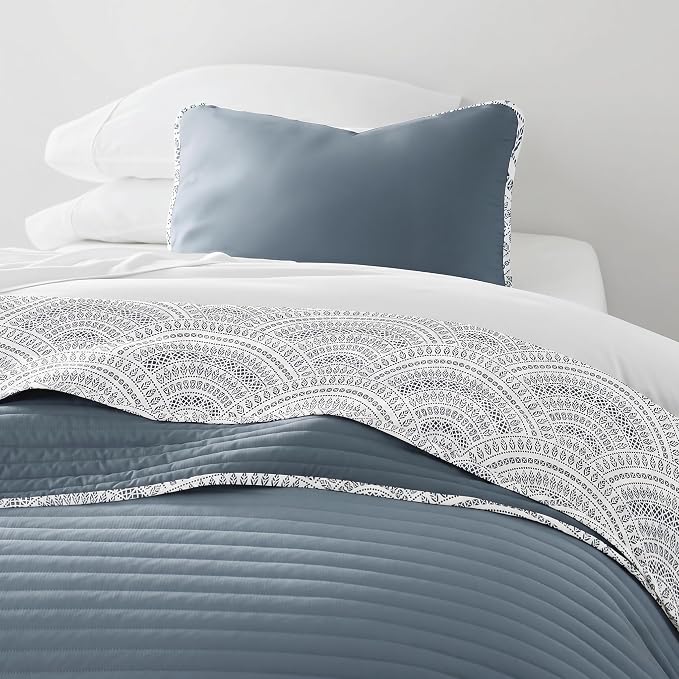 Merit Linens Soft Quilt Coverlet Bedding Set - Pattern/Solid Reversible - Twin/TwinXL Dusk Blue