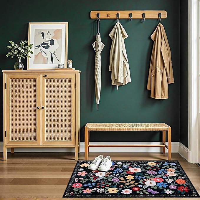 PLHXFR 2x3 Small Entryway Rug: Floral Washable Indoor Soft Carpet Black | For Entrance, Bedroom, Kitchen, Laundry, Bathroom,Door Mat,Vintage Floral,Machine washable,Non-Slip,Stain Resistant,Indoor