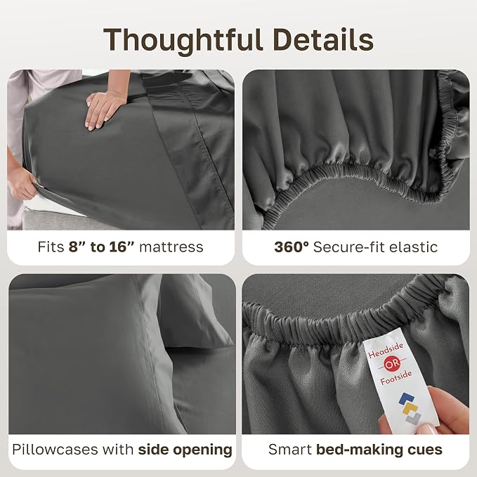 California Design Den Luxury 600 Thread Count King Bed Sheets Set,Dark Grey | 100% Cotton Sateen Backed by Good Housekeeping Seal, Soft & Smooth, 16" Deep Pocket, All-Around Elastic, Durable, Easy Care