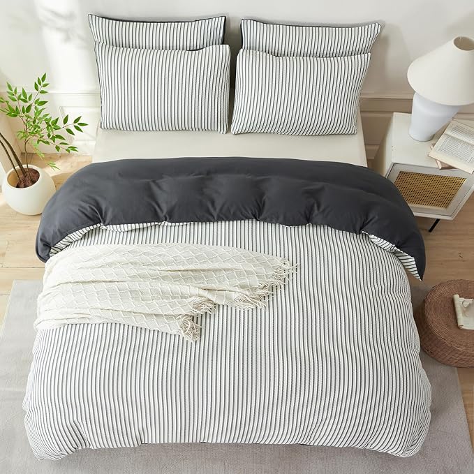 Dark Grey Comforter Set Queen Striped Washed Microfiber 3 Pieces Jacquard Bedding, White & Grey Vertical Ticking Stripes Comforter with 2 Pillowcases, Luxury Soft Breathable Durable Comfy