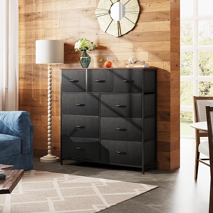 WLIVE Tall Dresser for Bedroom, 9 Drawer Dresser, Black and Rustic Brown | 9 roomy fabric drawers, Tall storage design, Bedroom or closet use, Chest of drawers, Smooth wood tabletop