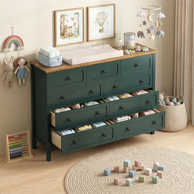 CARPETNAL 55" Green Dresser for Bedroom with 9 Drawer & Deep Drawers | Large Storage Modern Chest of Drawers with Metal Handles for Living Room, Hallway