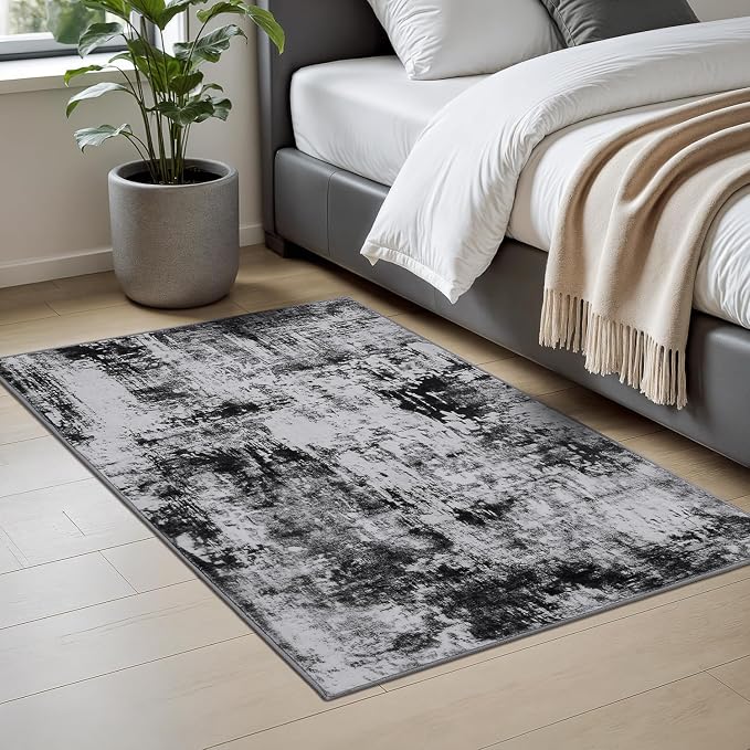 Rugflix 2x3 Entrance Rugs, Washable Black Grey Dark Entry Small Rug | Machine Washable; Stain-Resistant; Low Pile; Non-Slip; Modern Abstract; Black Carpet for Entryway Kitchen Hallway Home