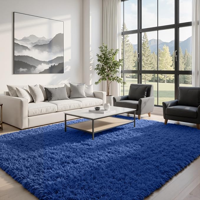 8x10 Fluffy Shag Area Rugs for Living Room Bedroom: Soft Plush Carpet Blue | Upgraded Non-Slip Thick Memory Foam, Ultra Soft, Non-Shedding Fuzzy Carpet, Easy Clean Decor for Kids Room, Nursery, Playroom
