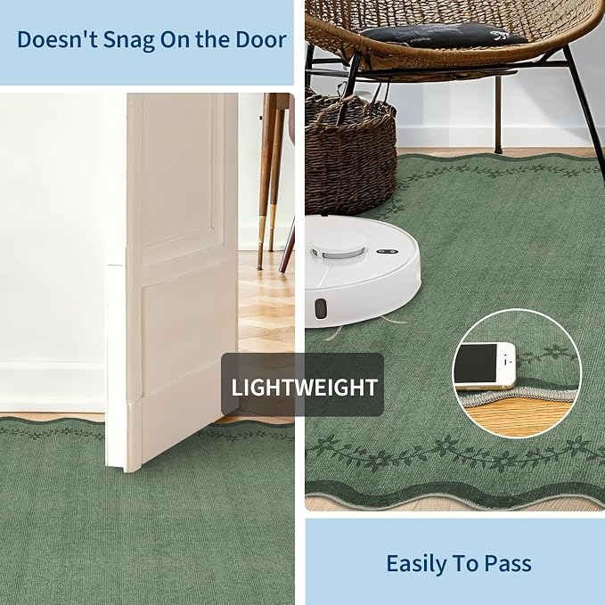 GarveeHome 6x9 Scalloped Area Rug Soft Washable Rug for Living Room Bedroom | Soft Green Low Pile Non Slip Accent Floor Mat Solid Print Throw Rug Indoor Carpet for Dining Room Dorm Playroom