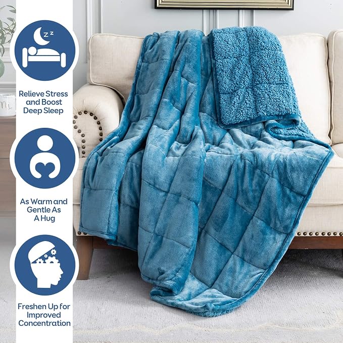 Cottonblue Sherpa Weighted Blanket for Adults 15 lbs Twin Size Soft Fleece | Warm Flannel Weighted Blankets Throw 48x72in, Cozy Fuzzy Bed Couch Heavy Blanket for Sleep Calm Relax, Washable, Slate Blue