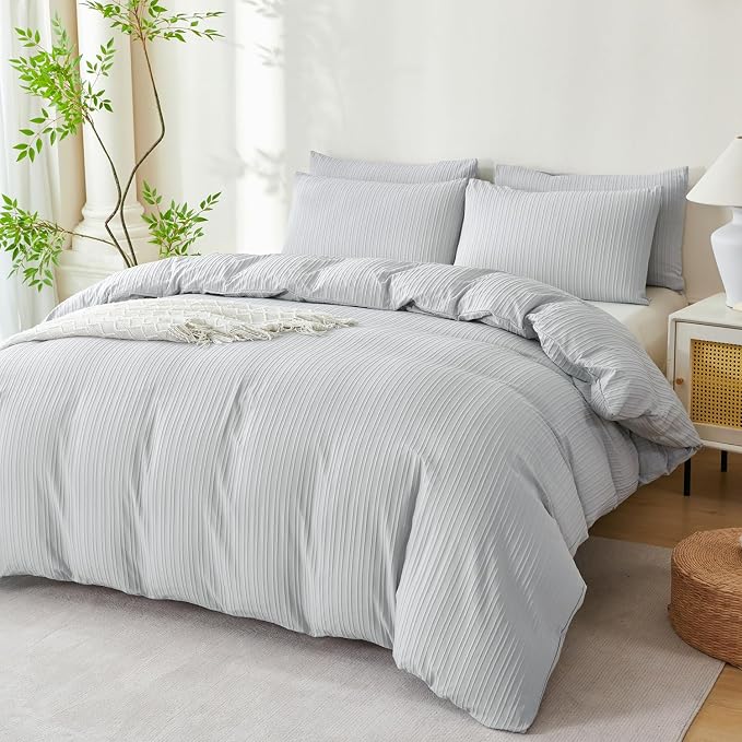 Light Grey Comforter Set King Soft Luxury Washed Microfiber Jacquard 3 Pieces Bedding Set, Grey Vertical Ticking Stripes Pattern Comforter with 2 Pillowcases Breathable Durable Comfy