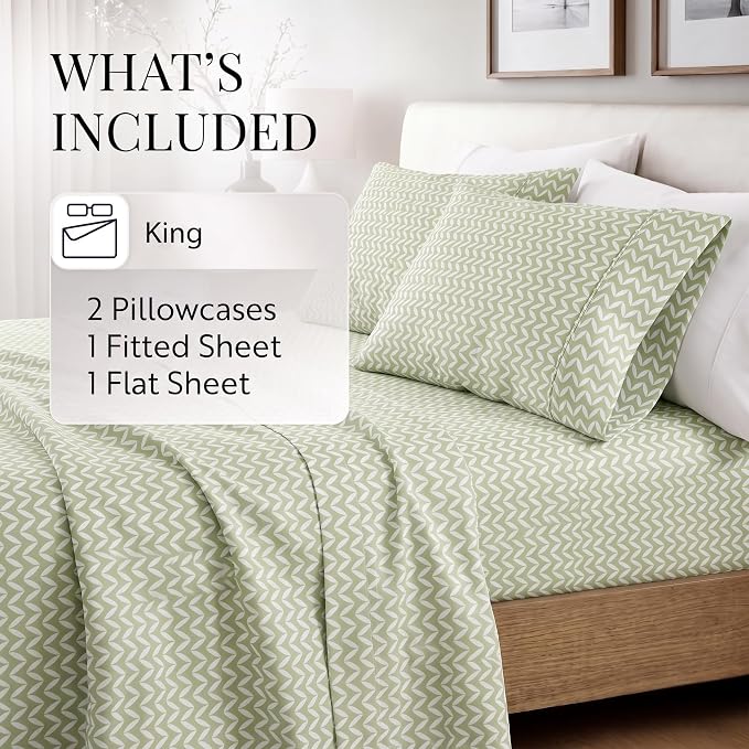 Linen Market 4 Piece King Sheet Set - Breathable, Double-Brushed Patterned Cooling Sheets – Oeko-TEX Certified Ultra Soft & Wrinkle-Free 16" Deep-Pocket King Sheets - Easy Care Puffed Chevron Sage