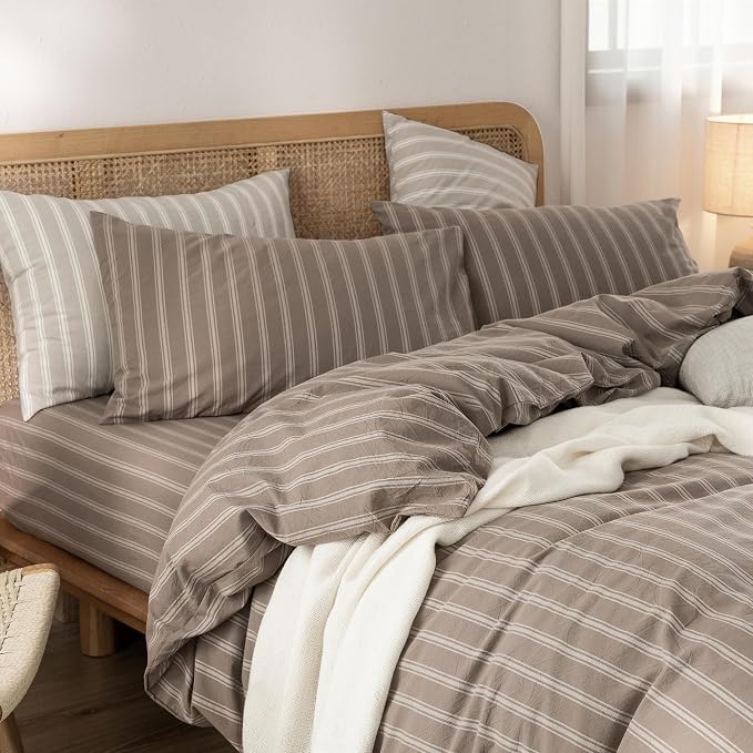 BESTOUCH Striped Cotton Duvet Cover Set Linen Feel Oversized Full | 100% Washed Cotton, Soft Wrinkle Texture, Hidden Zipper, 8 Ties, Breathable Lightweight Durable Comfy, 3 Pcs No Insert