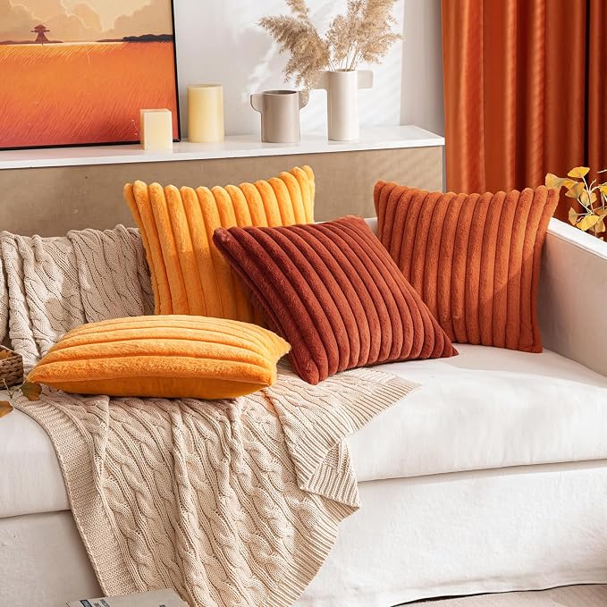 MIULEE Fall Faux Fur Decorative Throw Pillow Covers 18x18 Burnt Orange | Set of 2, Vintage Boho Soft Plush Couch Pillows, Cozy Fluffy Cushion Covers for Sofa Bed Living Room Home Decor