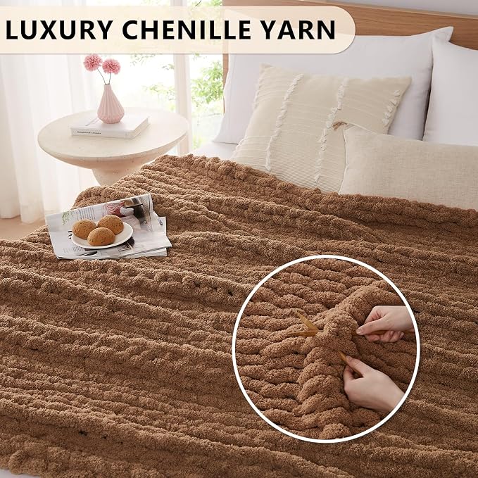 L'AGRATY Chunky Knit Throw Blanket for Couch, 72'' x 84'' Knit Throw, Brown | Handmade Chenille Crochet Blanket for Sofa Bed, Thick Cable Knitted Blankets for Room Home Decor, Birthday Gift for Women Mom