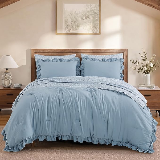 King Size Comforter Set-7 Pieces Ruffle Bedding Floral Sheet | Misty Blue Bed in a Bag, Soft Lightweight All Season Farmhouse King Size Bedding Sets with Floral Sheets, Pillowcases & Shams